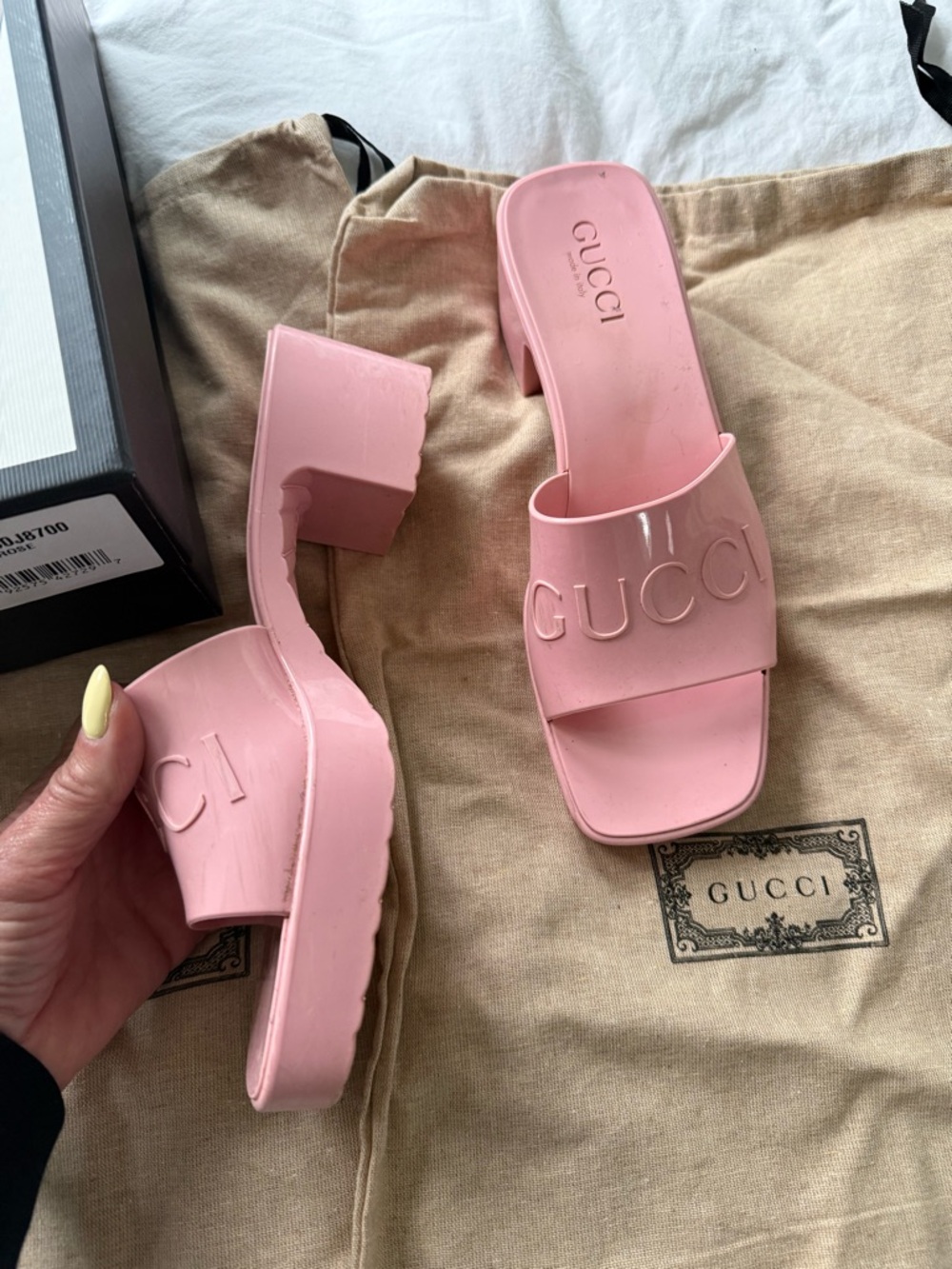Gucci Double GG Logo Rubber Platform Block Heel Mules Slides Sandals Shoes 38 - Picture 3 of 9